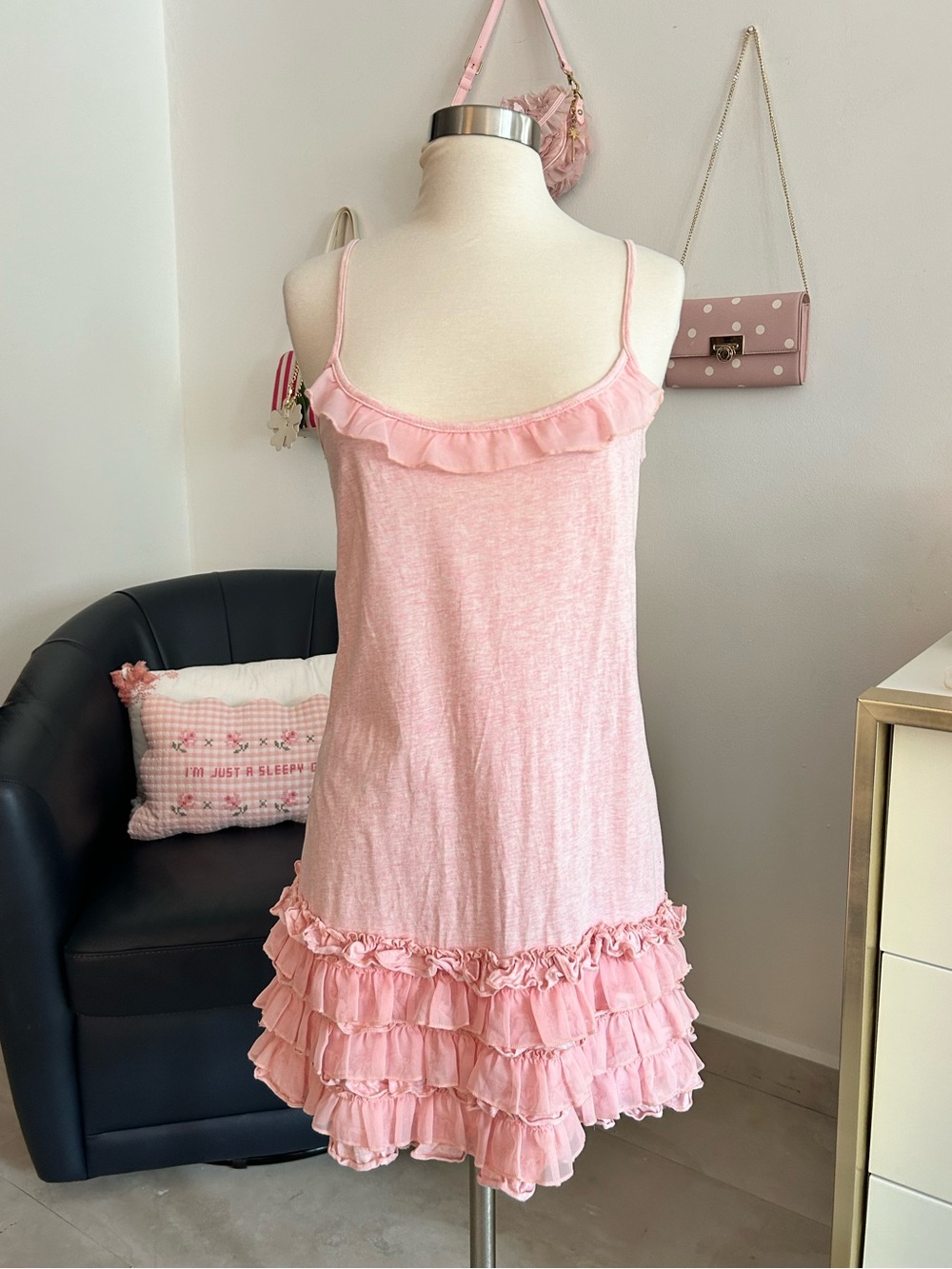 Soft Pink Ruffle Trim Mini Dress Y2K Vintage Shabby Chic Coquette